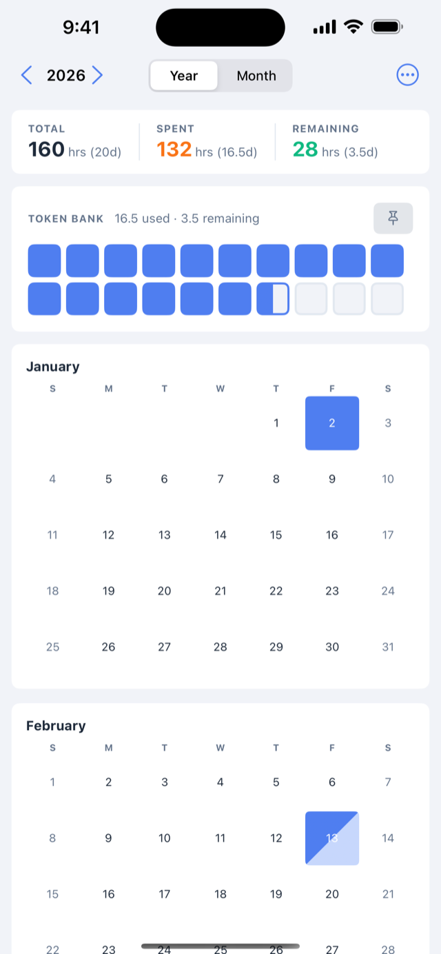 Year view showing 12 months with days off highlighted and the token bank