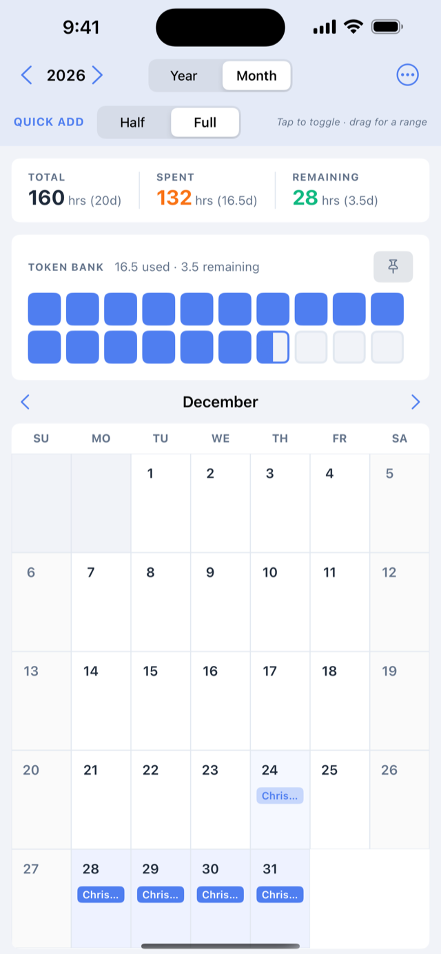 Quick Add mode in month view with labelled holiday entries